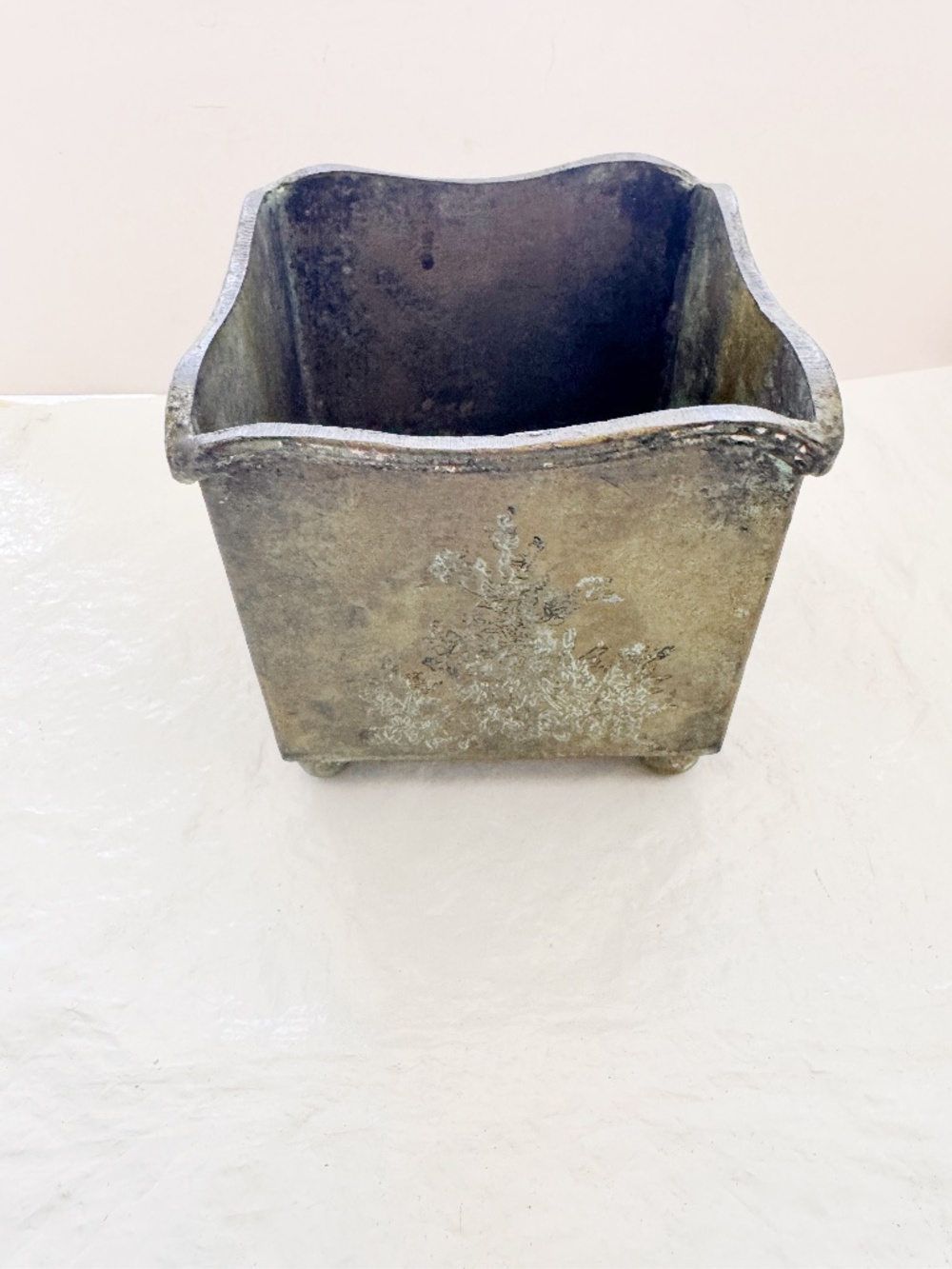 Antique Footed Brass Square Planter Censer Cachepot Aged Patina 4.5 Inches